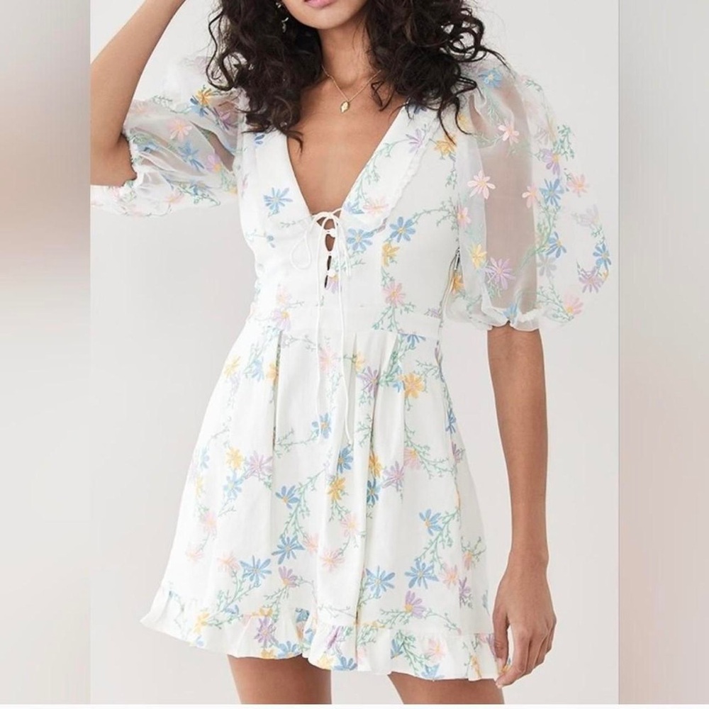 For Love and Lemons Majorie Mini Dress in Floral Ivory Puff Sleeve size Medium